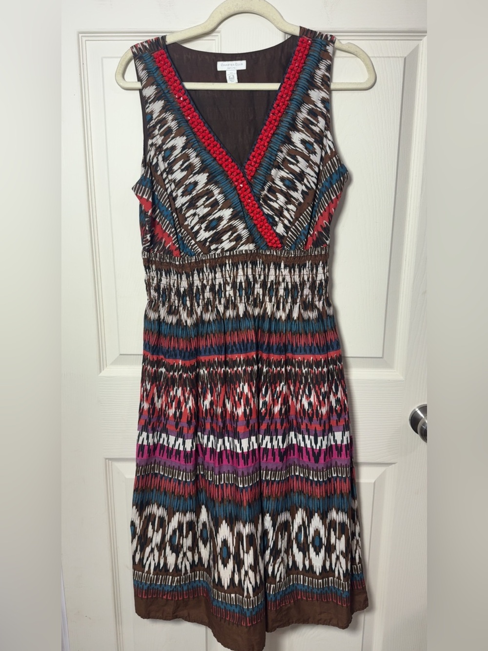 Charter Club Petite 12P Maxi Dress Multicolor Geometric V-Neck Beaded Zip